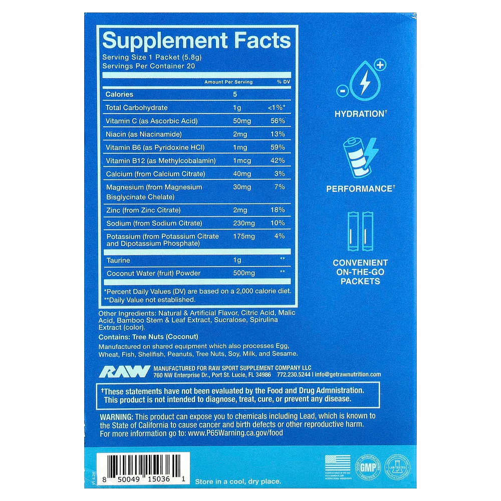 Raw Nutrition, Bum, Hydration, электролитная формула, со вкусом голубой малины, 20 пакетиков по 6,1 г (0,22 унции)
