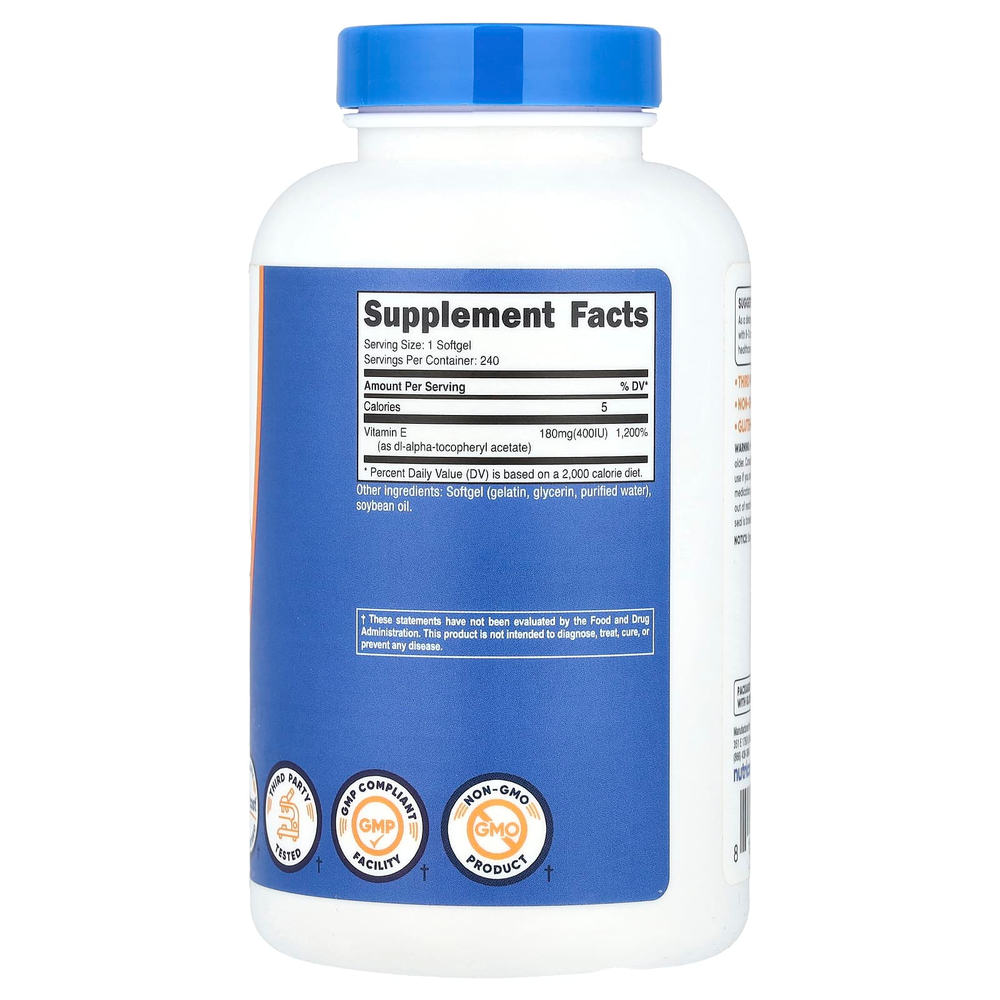 Nutricost, Витамин E, 180 мг (400 МЕ), 240 мягких таблеток