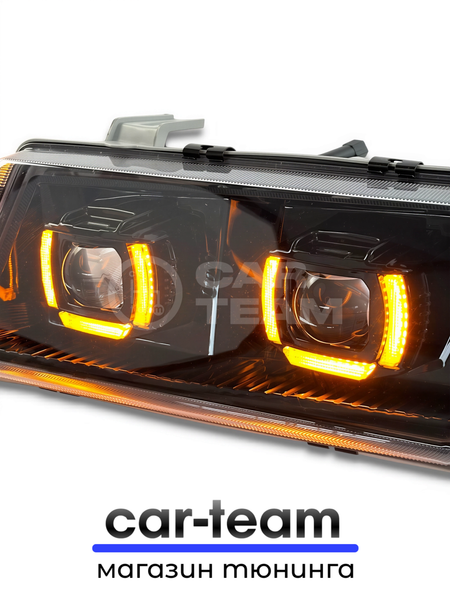 Фары ВАЗ 2110, 2111, 2112 передние с белыми галочками в стиле BMW ver 2.0 c Bi LED модулями, черная маска, тонированные поворотники