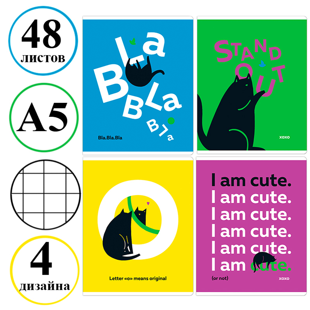 Тетрадь общая MESHU "Сhatty cat", А5, 48 листов в клетку, матовая ламинация, выб. лак, на скрепке