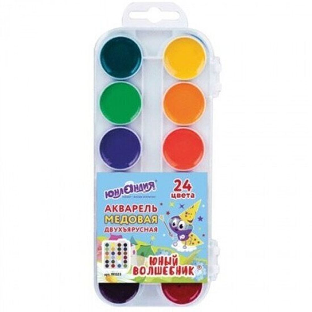 Краски акварельные ЮНЛАНДИЯ "ЮНЫЙ ВОЛШЕБНИК", медовые, 24 цвета, КЛАССИЧЕСКИЕ, пластик, 191325