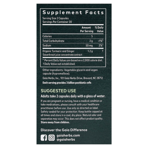 Gaia Herbs, постбиотик с имбирем и куркумой, 60 веганских капсул Liquid Phyto-Caps (0,6 г в 1 капсуле)
