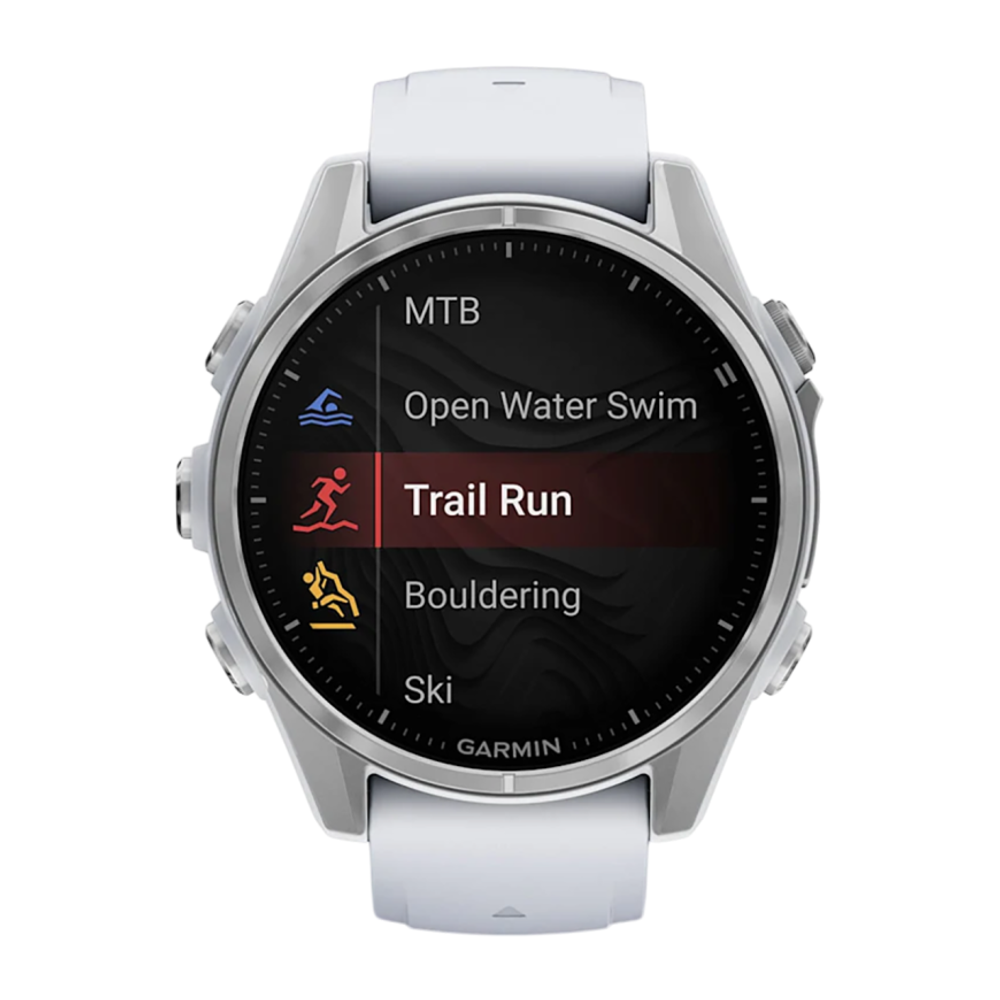 Спортивные часы Garmin fenix 8, 43 мм, AMOLED, сталь, силиконовый ремешок цвета «Уайтстоун» Серебристый безель из нержавеющей стали, стекло Gorilla Glass. Ремешок с классической застёжкой — на запястье обхватом 108–182 мм