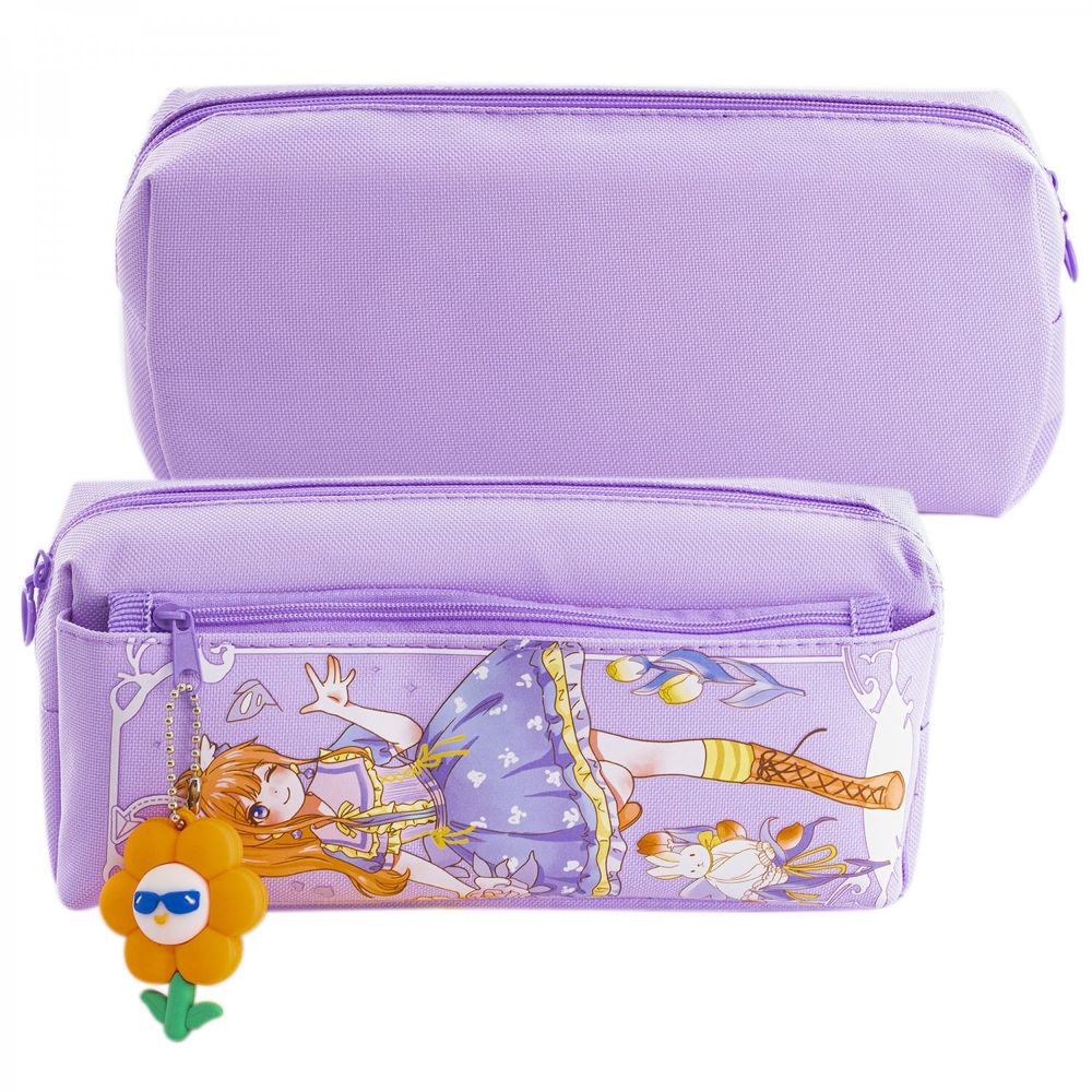 Пенал - косметичка Alingar, ПВХ, молния, боковой карман, брелок, 90 х 205 мм, "FLOWER I RAVEL", сиреневый (девочка аниме)