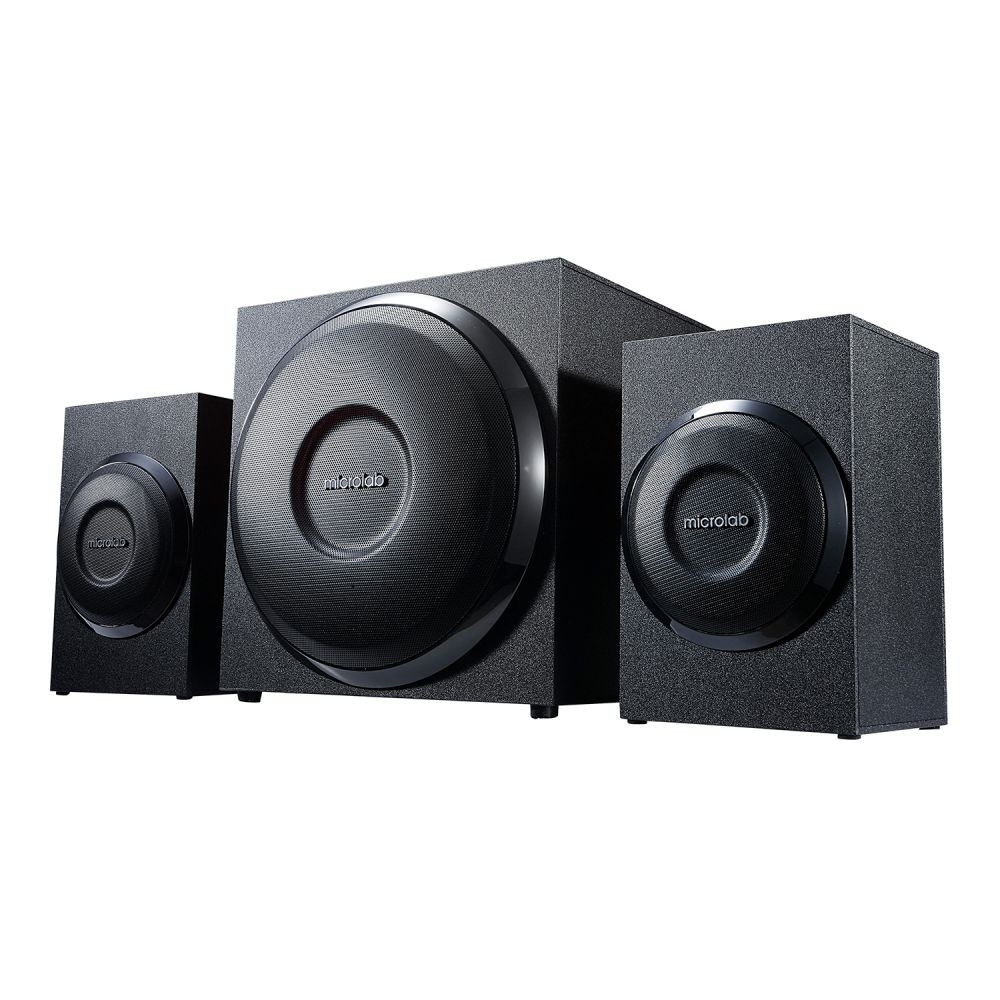MICROLAB M-110 черный {10 Вт RMS, Распределение мощности 2,5 Вт х 2 +5 W, Нелинейные искажения 0,5% 1 В 1 кГц, Частотный диапазон 40-20 кГц, Соотношение сигнал/шум 70 дБ, Разделение каналов 40 дБ}