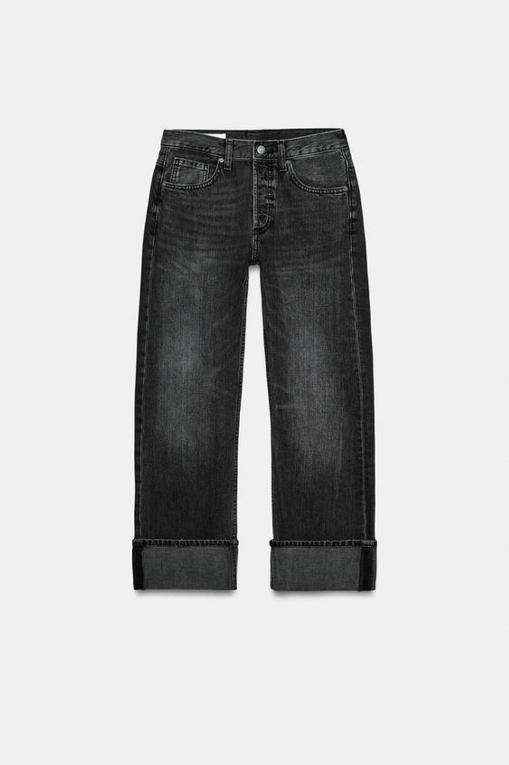 ZARA ДЖИНСЫ TRF ПРЯМОГО КРОЯ С ОТВОРОТАМИ И СРЕДНЕЙ ПОСАДКОЙ, ЧЕРНЫЙ