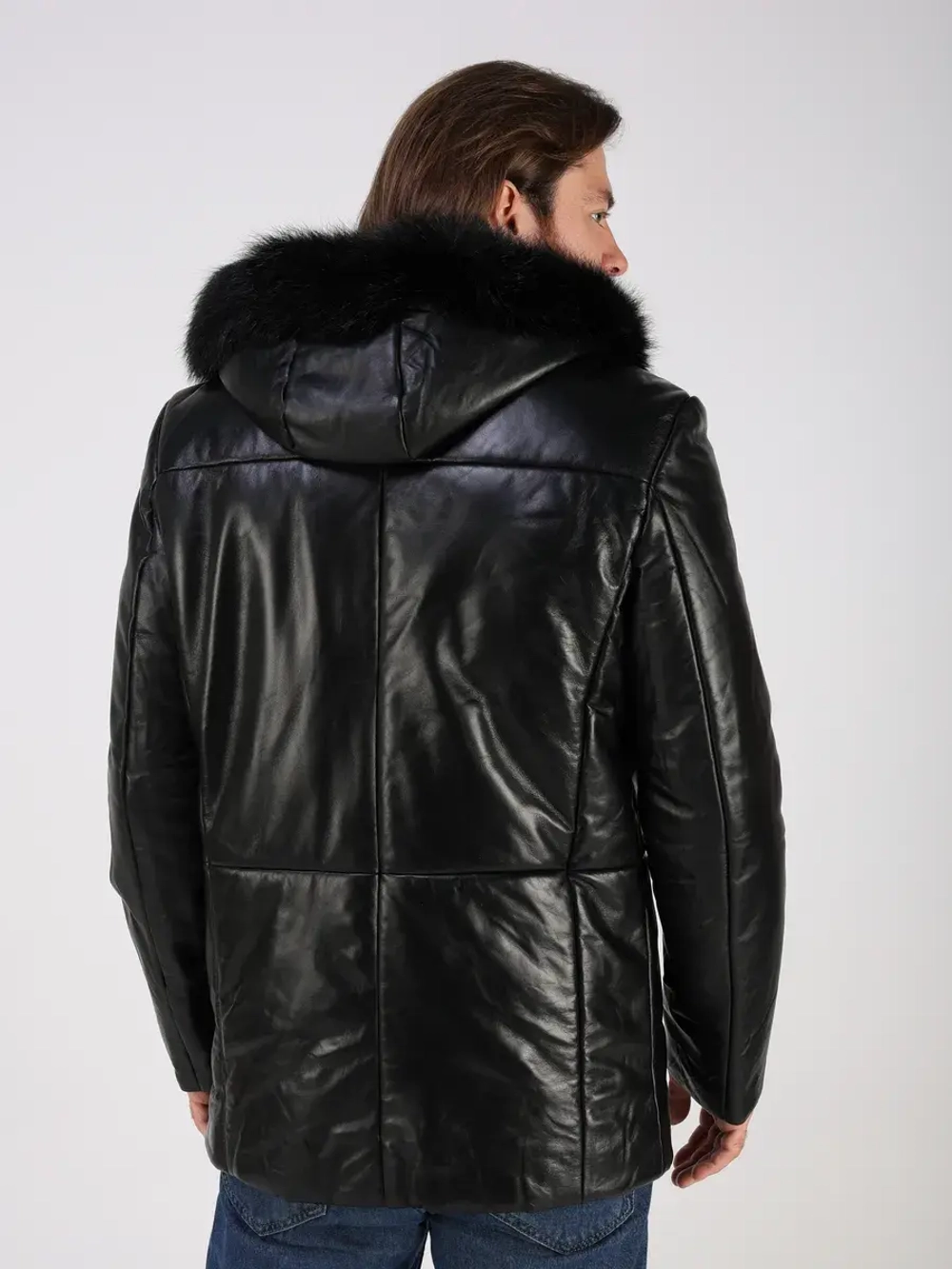 Куртка зимняя кожаная с капюшоном пуховик