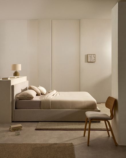 Кровать Nahiri бежевого цвета из шенилла с ящиком для хранения 160 x 200 см