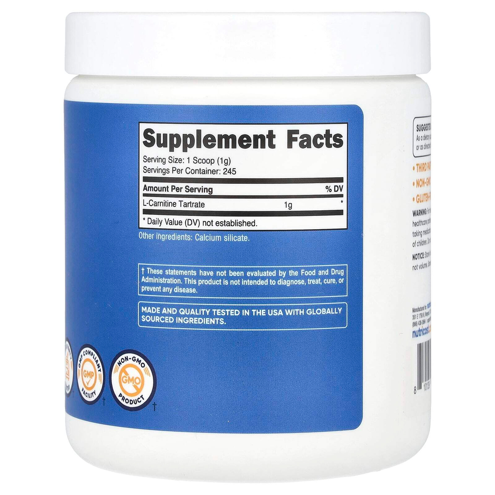 Nutricost, L-карнитин тартрат, без добавок, 250 г (8,9 унции)