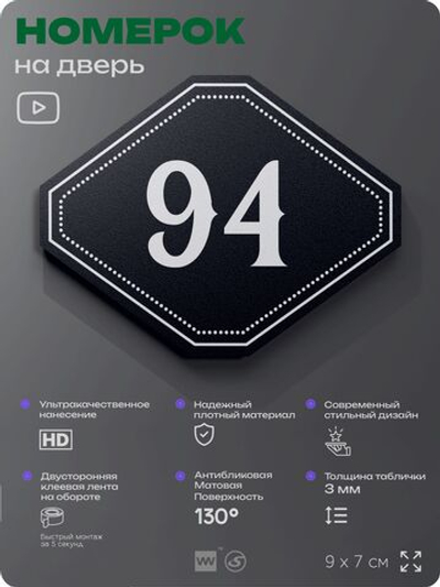 Номерок на дверь квартиры 94, для кабинета, офиса, шильдик 9 х 7 см, черный, Айдентика Технолоджи