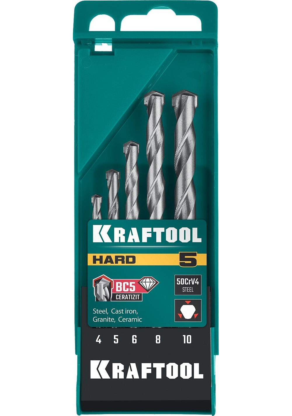 KRAFTOOL Hard, 5 шт: 4-5-6-8-10 мм, набор сверл по по твёрдым материалам (29177-H5)