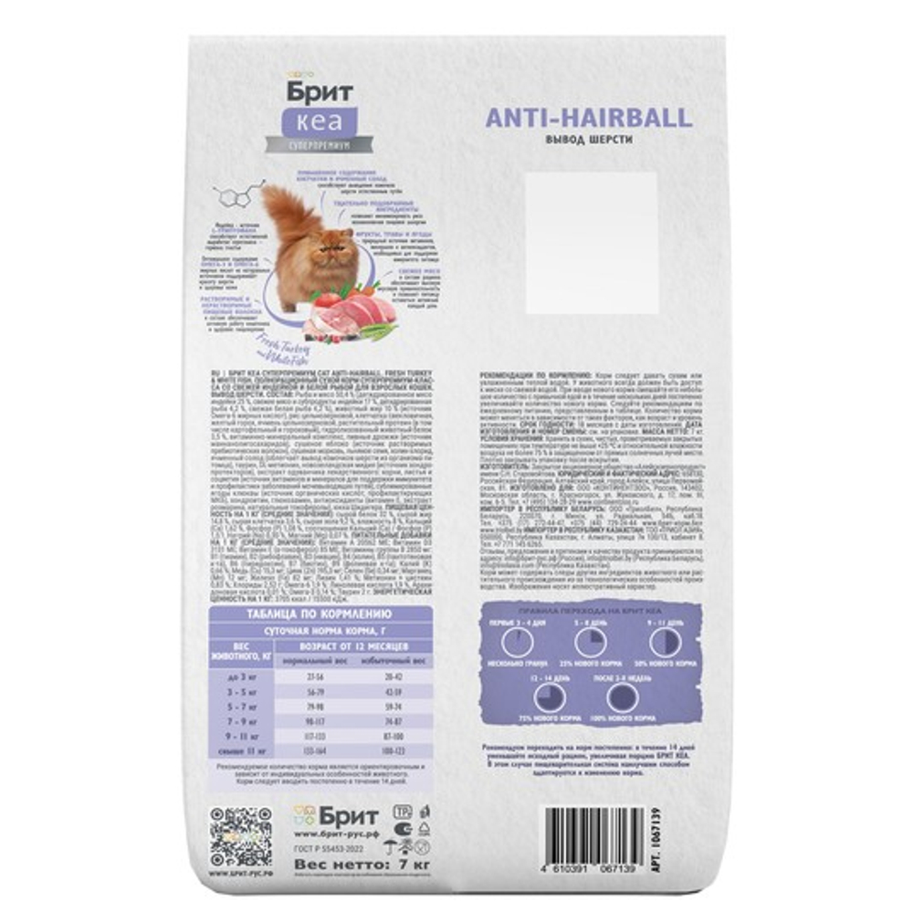 Сухой корм для взрослых кошек Брит BRIT CARE ANTI-HAIRBALL с индейкой и белой рыбой 7кг