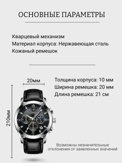 Часы наручные кварцевые POEDAGAR на кожаном ремешке, серебристый/черный W9022200-11