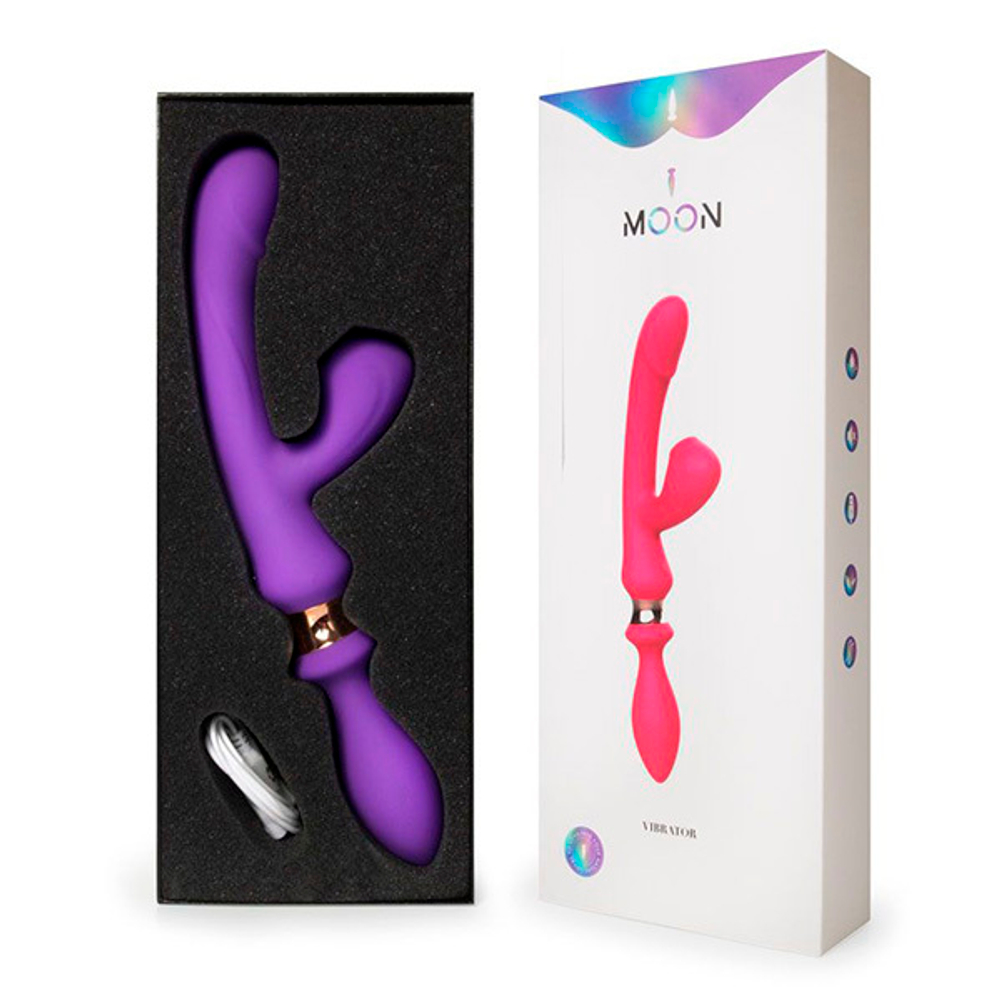 Фиолетовый двусторонний вибромассажер с клиторальным отростком 30см I-Moon MY-229