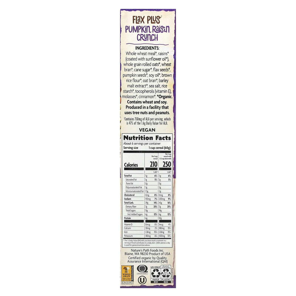 Nature's Path, Органический продукт, хлопья с добавлением льна, тыква и изюм, 350 г (12,3 унции)