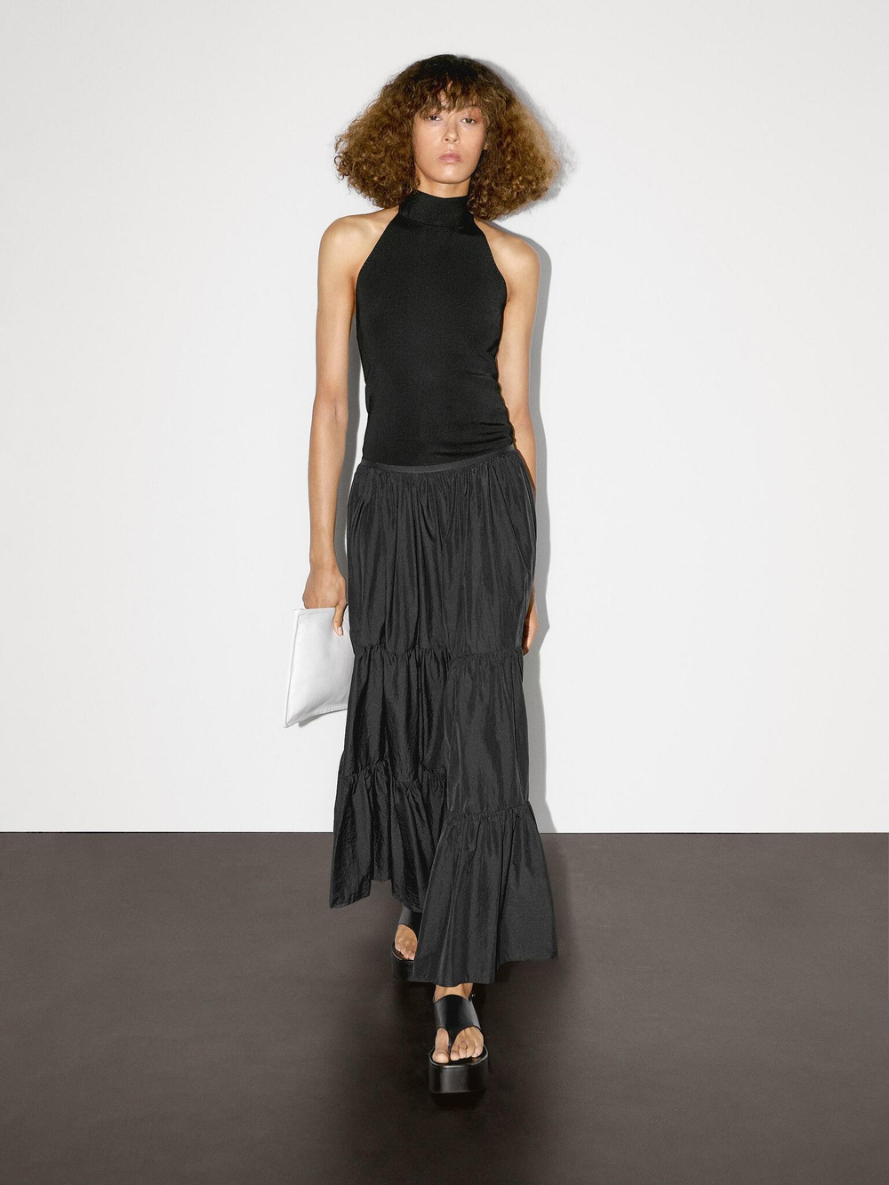 Massimo Dutti Длинная расклешенная юбка со сборками, черный