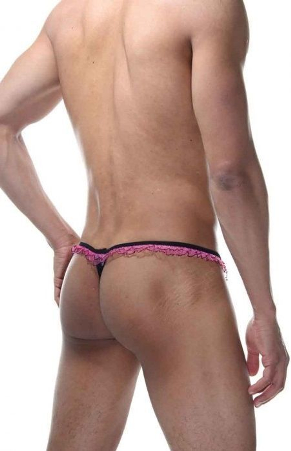 Пикантные мужские трусы-тонги с рюшами (Размер: L-XL) (Цвет: черный с розовым)