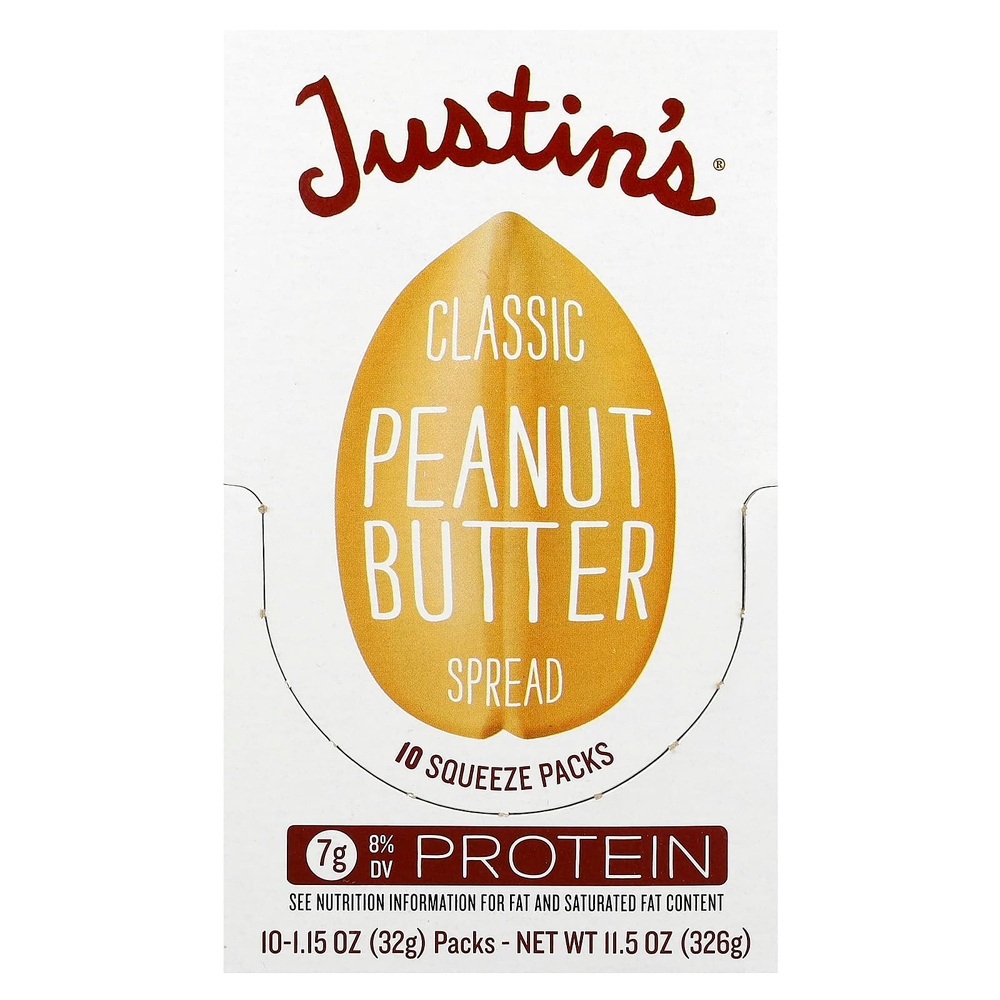 Justin's Nut Butter, Классическое арахисовое масло,  10  пакетиков, 1,15 унций (32 г) в упаковке
