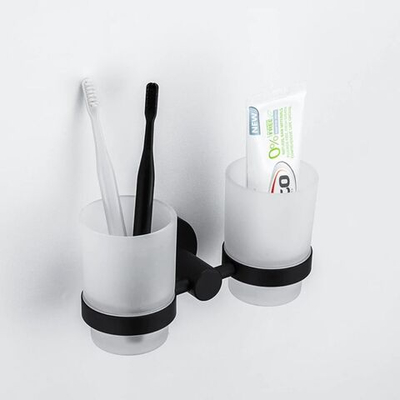 Стакан для зубных щеток, двойной, стекло,нерж сталь, чер, Frap, F30208