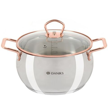 Кастрюля нерж, 3.4 л, крышка стекло, Daniks, Карлин, GS-01332G-20, индукц