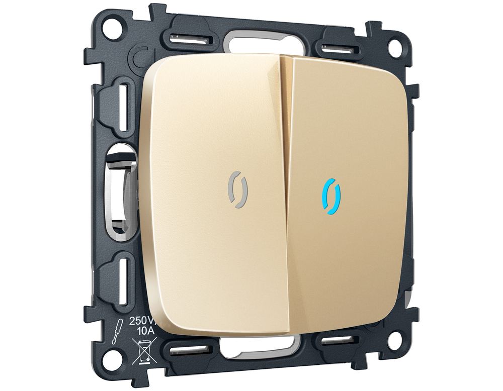 MO604020 Комплект механизма 2-кл выключателя с подсветкой 10000K OMEGA Шампань QUANT (OP6040, VM115, G17B)