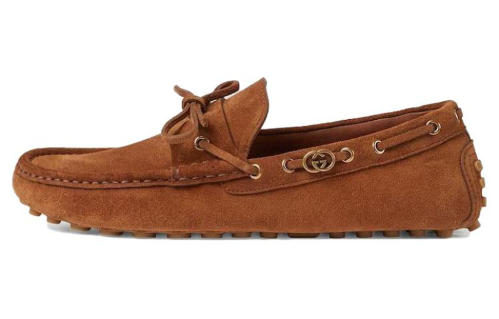 GUCCI Interlocking Suede Gommino Loafers Men"s Brown