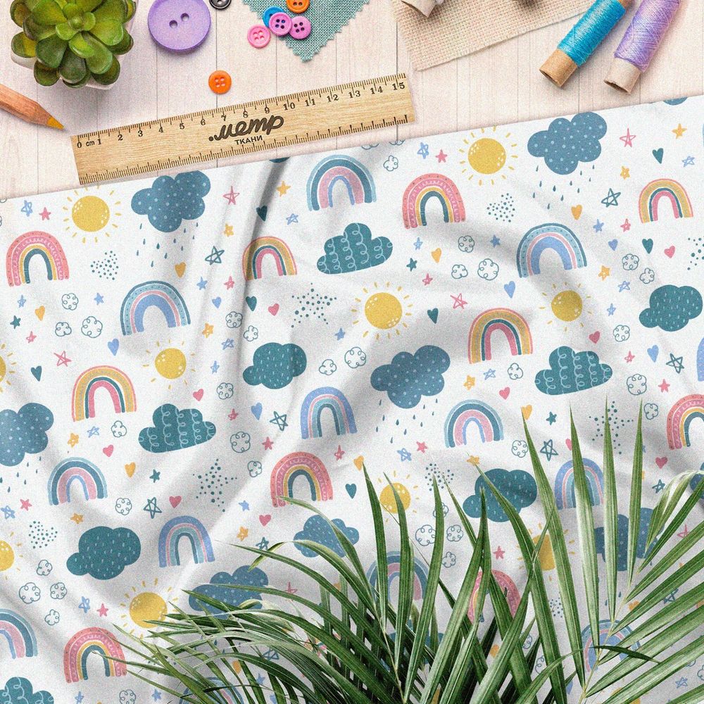 Ткань таффета детский принт с облачками