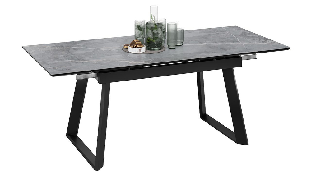 Стол кухонный обеденный раздвижной Черный муар/Керамика матовая серый мрамор 140(200)х85х77 см