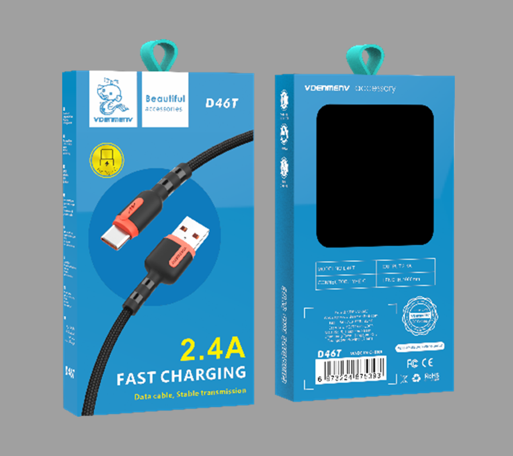 Кабель USB - TypeC DENMEN D46T 2.4A (черный) 1м