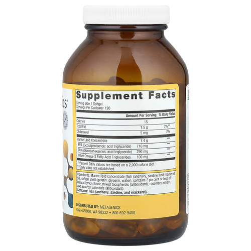 Metagenics, OmegaGenics®, рыбий жир с ЭПК и ДГК, натуральный лимонный вкус, 1000 мг, 120 капсул