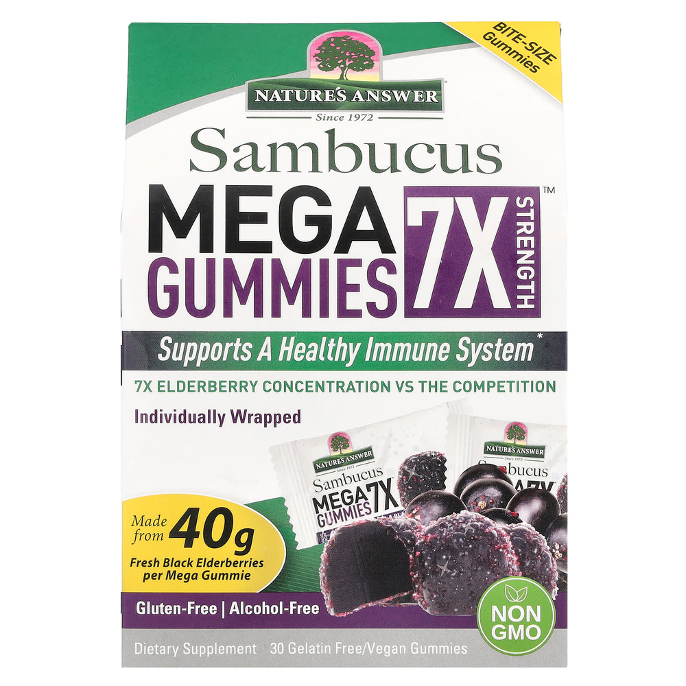 Nature's Answer, Sambucus Mega Gummies, жевательные таблетки 7X Strength™, 202 мг, 30 без желатина/веганских жевательных таблеток