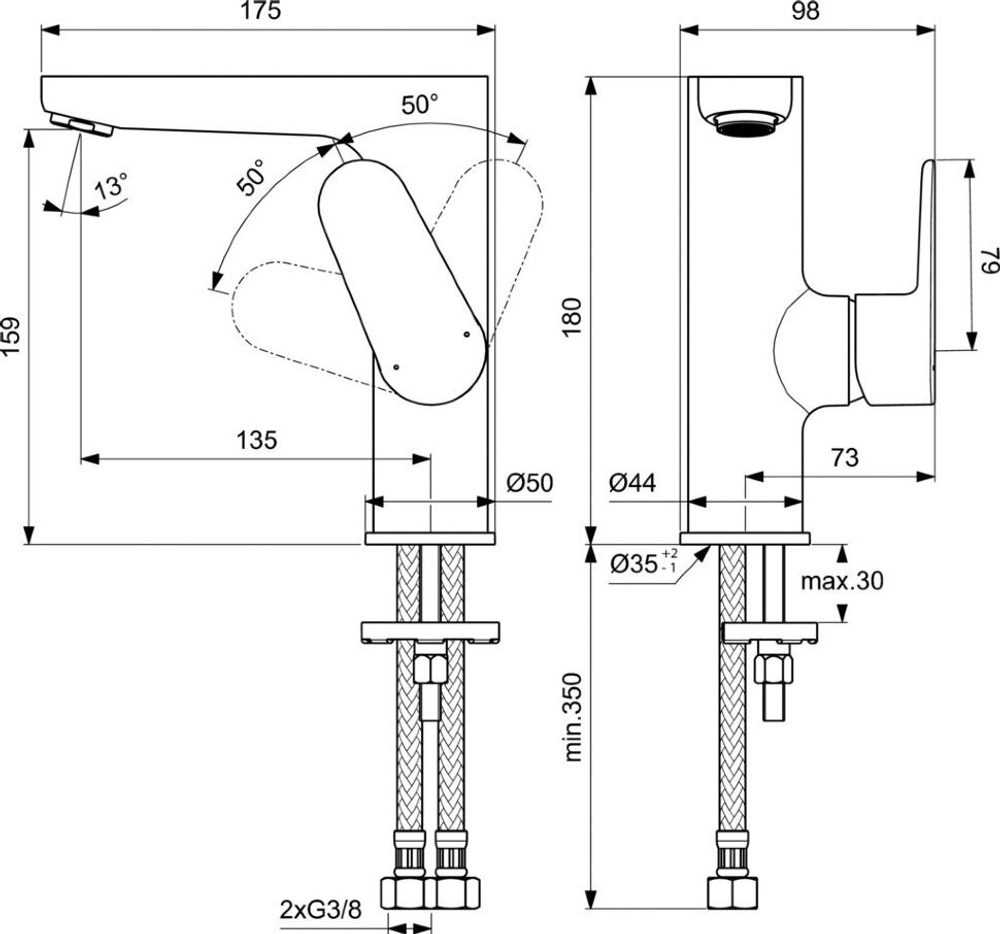 Однорукоятковый смеситель для умывальника без донного клапана Ideal Standard CERAFINE O BC555XG