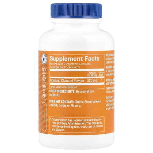 The Vitamin Shoppe, активированный уголь, 100 растительных капсул (260 мг в 1 капсуле)