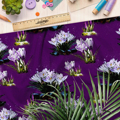 Ткань оксфорд 210 цветы крокусы на фиолетовом