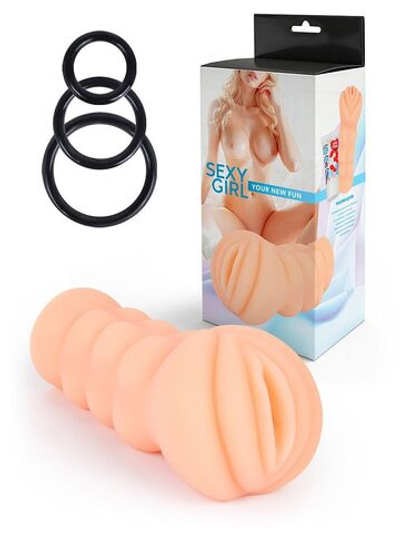 Телесный мастурбатор-вагина с эрекционными кольцами в комплекте (Цвет: телесный)
