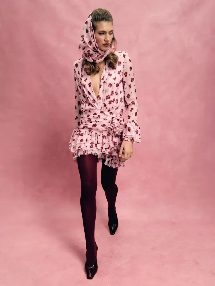 Mira, платье мини из светло-розового шифона с цветочным принтом, с розой