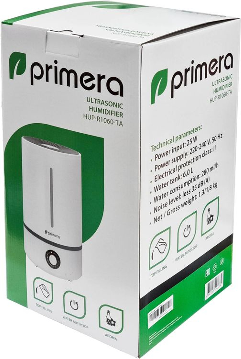 Увлажнитель воздуха ультразвуковой PRIMERA HUP-R1060-TA,  6л,  белый
