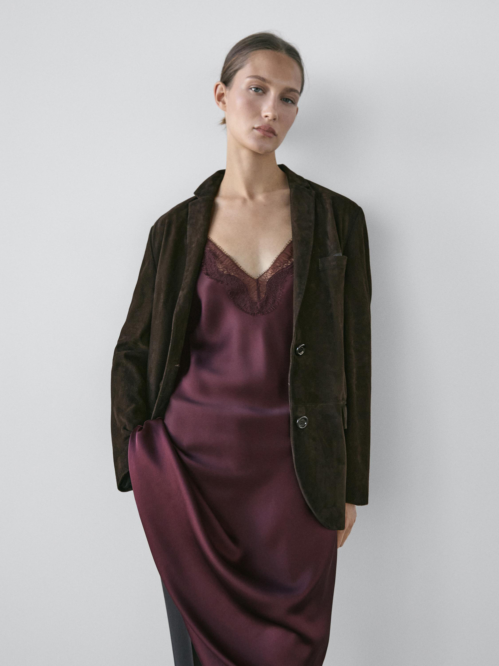 Massimo Dutti Платье-комбинация миди из струящейся ткани, бургнди