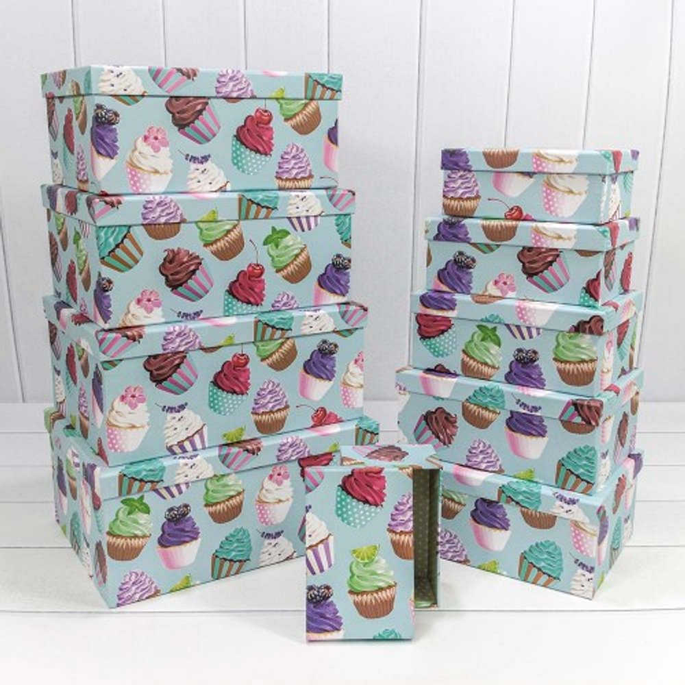 Коробка 34х26х15.3 см Набор 10 шт "Пирожные на голубом фоне" (Голубой)