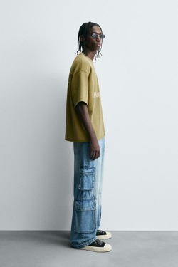 ZARA ТОЛСТОВКА С ЭФФЕКТОМ ПОТЕРТОСТИ И НАДПИСЬЮ, ЗЕЛЕНОВАТО-СИНИЙ