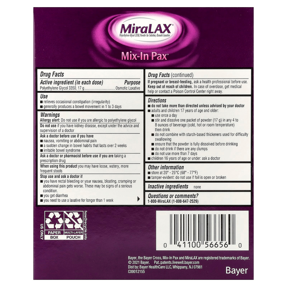 MiraLAX, Mix-In Pax®, без зерен, без добавок, 20 пакетиков по 17 г (0,5 унции)