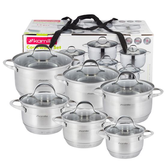 Набор кастрюль 12 предметов Kamille KM-4704S из нержавеющей стали (1,8 л; 2х2,3 л; 2х3,3 л; 5,8 л. 7-слойное дно)