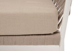 "Диего" диван 2-местный плетеный из роупа, каркас алюминий белый муар, роуп бежевый круглый, ткань бежевая 15052
