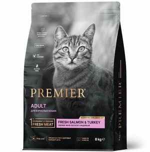 Уценка! Срок 09.2025/Сухой корм Premier лосось с индейкой для взрослых кошек