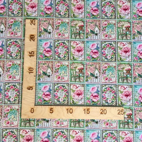 ЛЕТНЕЕ УТРО, купон 20 x 110 cм, 100% хлопок. ЦВЕТЫ, ПТИЦЫ, РОЗОВЫЙ, БИРЮЗОВЫЙ. 2