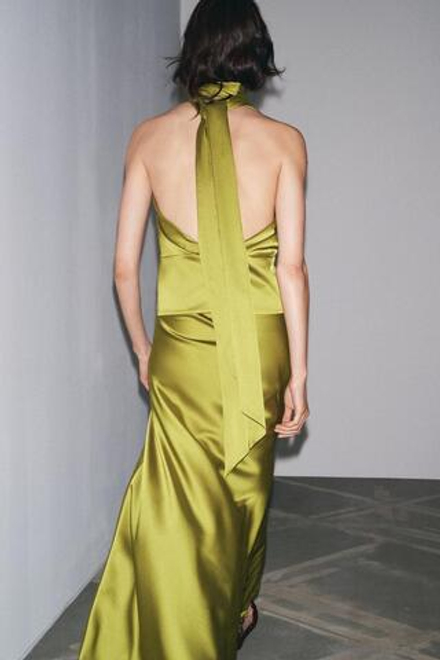 ZARA АТЛАСНЫЙ ТОП С ГОРЛОВИНОЙ ХАЛТЕР, ОЛИВКОВЫЙ
