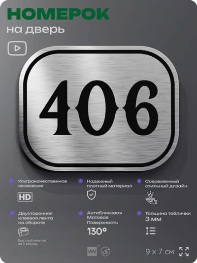 Номерок на дверь квартиры 406, для кабинета, офиса, шильдик 9 х 7 см, брашированная сталь, Айдентика Технолоджи