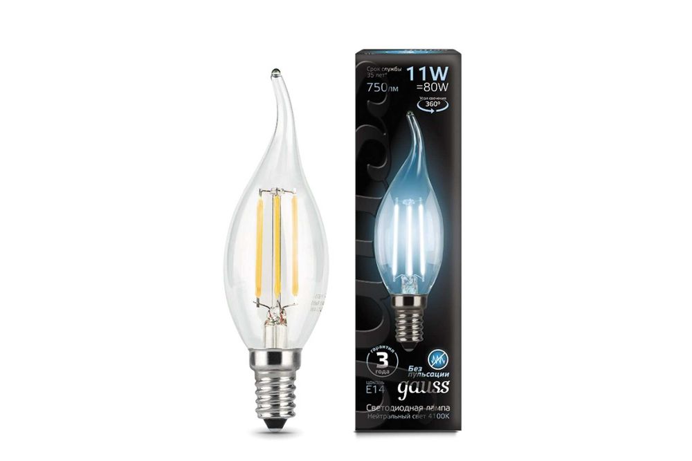 Лампа Gauss LED Filament Свеча на ветру E14 11W 750lm 4100K 104801211