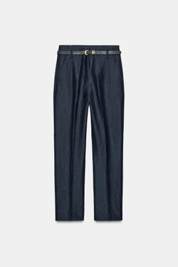 ZARA БРЮКИ С ВЫСОКОЙ ПОСАДКОЙ И РЕМНЕМ, ИНДИГО
