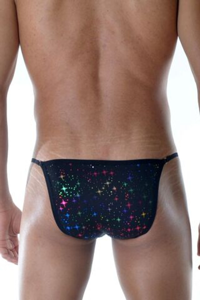 Черные мужские трусы-танга с разноцветными блестящими звездочками (Размер: L) (Цвет: черный)